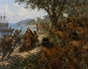 Detik-detik terakhir Fray Blas Palomino di pesisir Manado pada awal abad ke-17, ketika misi Fransiskan berakhir dalam serangan penduduk setempat.(ilustrasi)