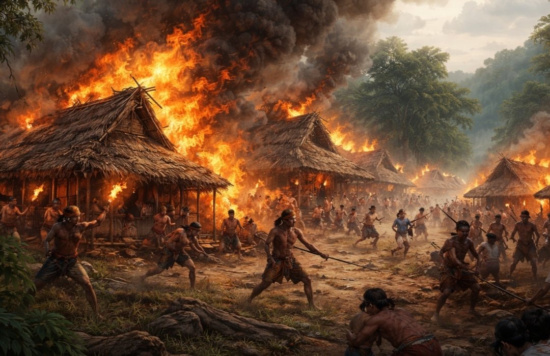 Rakyat dari Tompaso membakar perkampungan Kinilow (Ilustrasi)