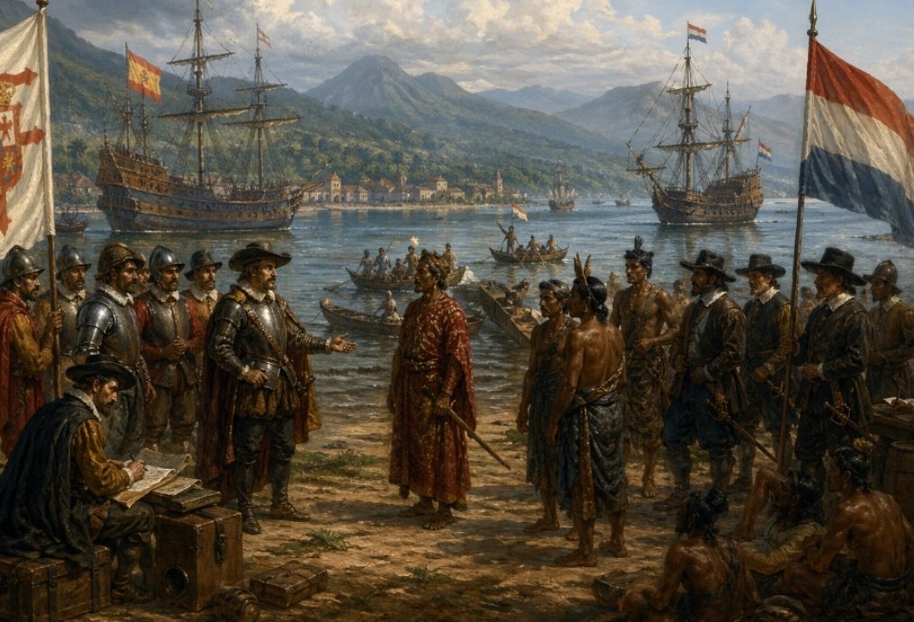 Pertemuan orang-orang Spanyol dan Belanda dengan penduduk lokal di Teluk Manado pada era kolonial awal. (ilustrasi)