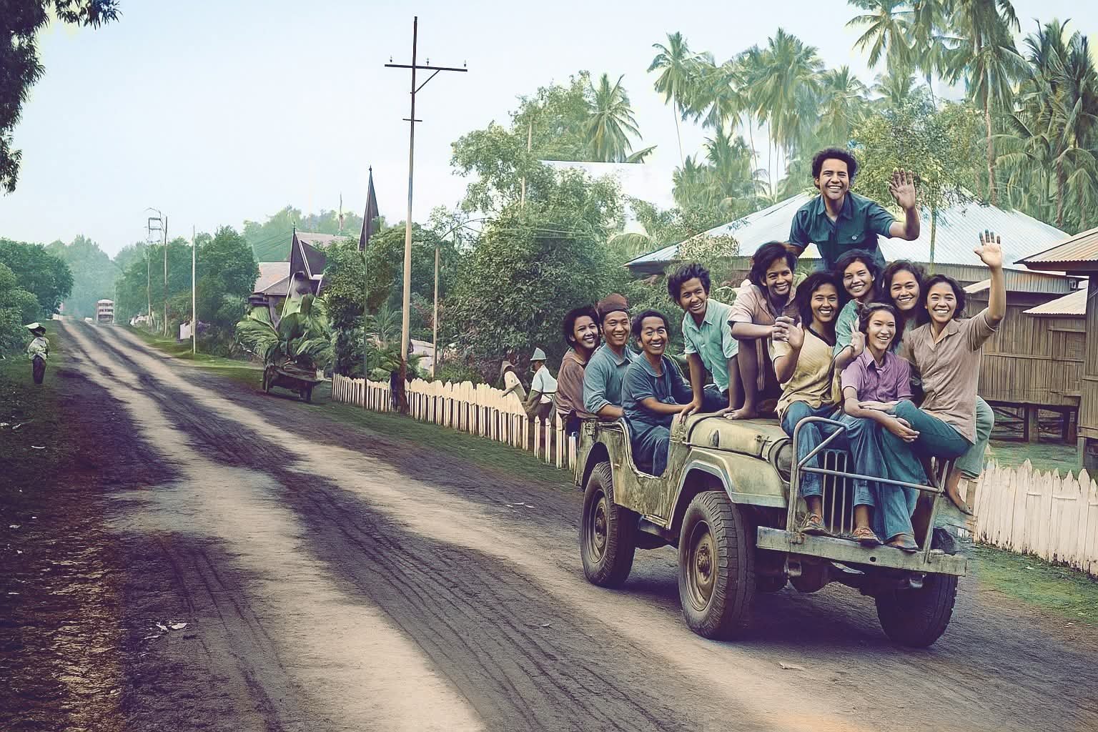 Anak-anak muda pulang dari kebun naik mobil Jeep di Tombatu Sulawesi Utara (Perpusnas, 1984)