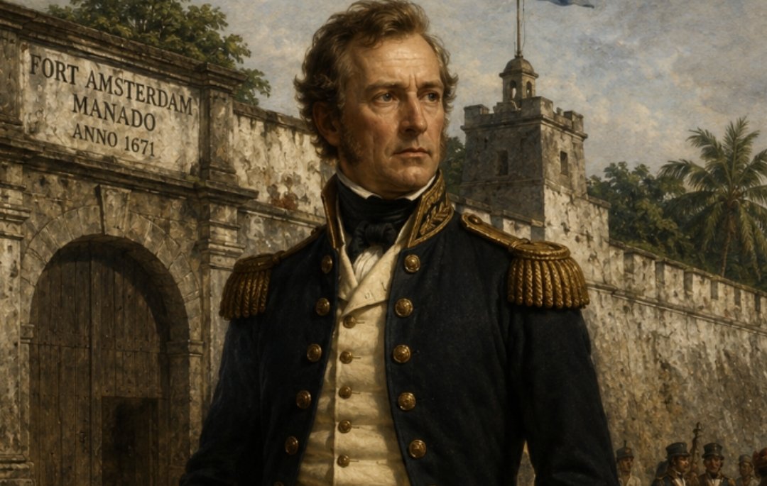 Carel Christoffel Prediger berdiri di depan Fort Amsterdam, Manado, awal abad ke-19. Di bawah kepemimpinannya, administrasi kolonial di Minahasa berubah menjadi lebih keras dan militeristik (ilustrasi)