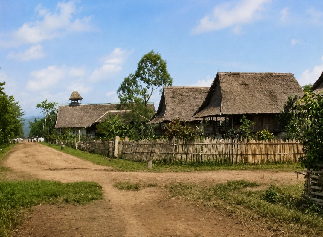 Sebuah jalan di Passo, dengan gereja terlihat di latar belakang (foto Komunitas Zending, 1900/1901)
