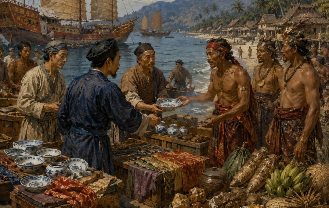 Orang Tiongkok saat melakukan barter dengan masyarakat di Kema sebelum kedatangan bangsa Eropa (ilustrasi)