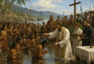 Pembaptisan di Manado, 1563: seorang misionaris Yesuit membaptis penduduk lokal, menggambarkan salah satu babak awal masuknya agama Kristen di utara Celebes.(ilustrasi)