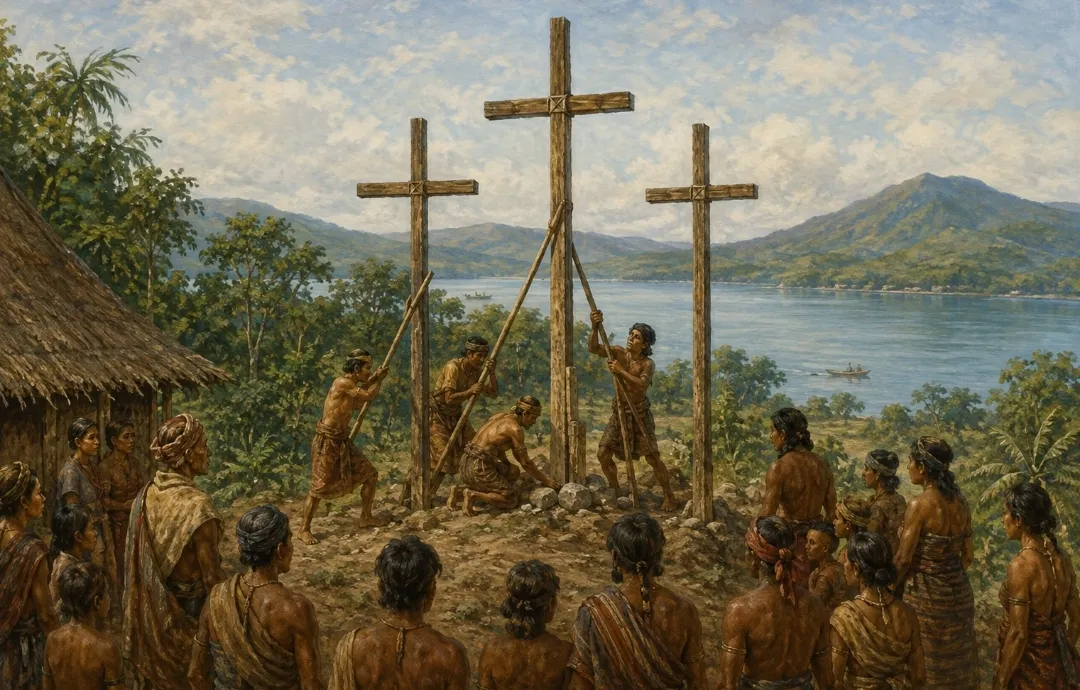 Ilustrasi orang Spanyol dan Minahasa mendirikan tiga salib dalam kegiatan misi Jesuit di area danau.