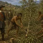 Ilustrasi penebangan pohon cengkih oleh prajurit VOC dan penduduk setempat di Kepulauan Utara, 1677.