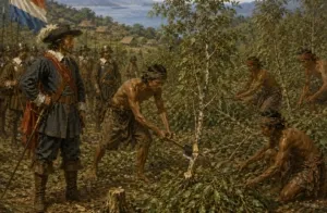 Ilustrasi penebangan pohon cengkih oleh prajurit VOC dan penduduk setempat di Kepulauan Utara, 1677.