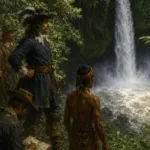 Ilustrasi Padtbrugge bersama pasukannya mengamati air terjun Tonsea pada abad ke-17.