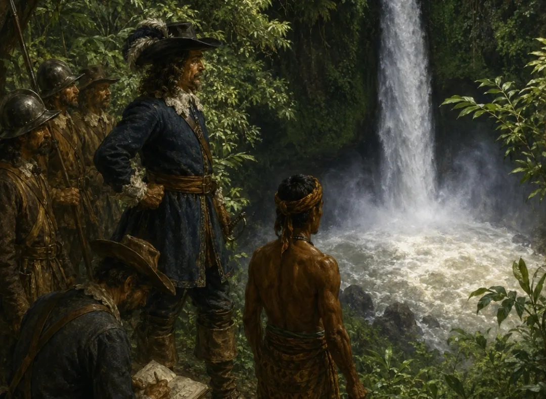 Ilustrasi Padtbrugge bersama pasukannya mengamati air terjun Tonsea pada abad ke-17.