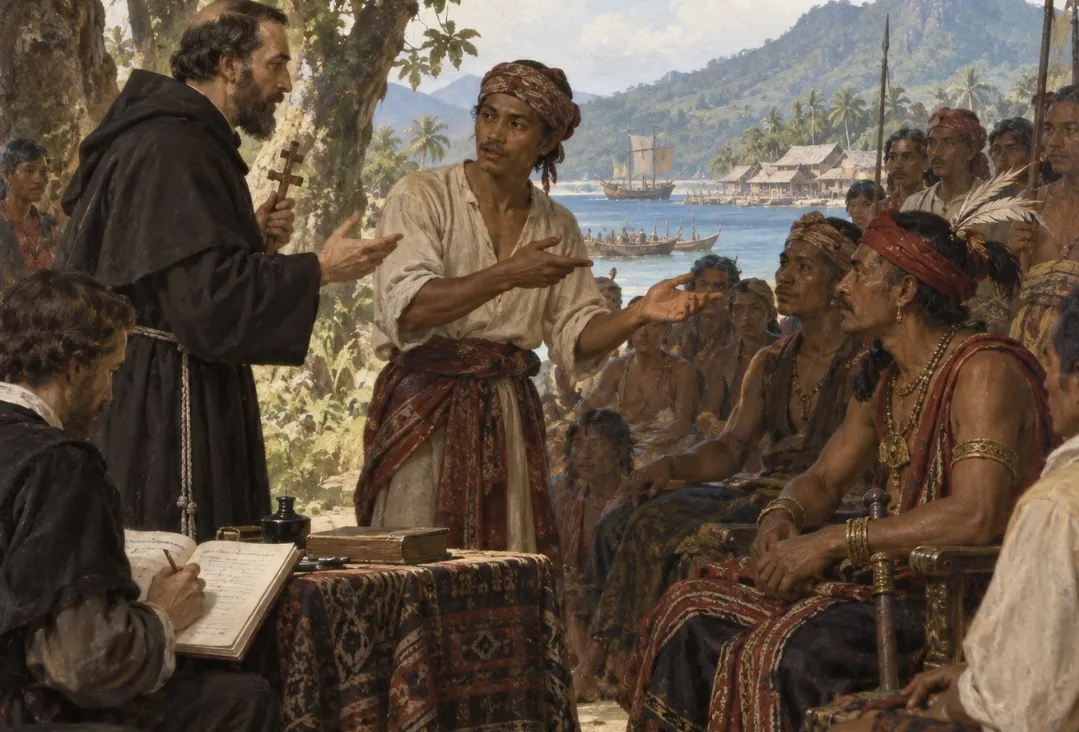 Juru bahasa pribumi menerjemahkan percakapan antara misionaris Portugis dan para penguasa setempat di Sulawesi Utara, sekitar pertengahan abad ke-16. (Ilustrasi)