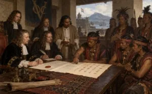 10 September 1699 di loji Kompeni dekat Benteng Amsterdam, Manado, para pejabat VOC dan para hukum serta capitain Minahasa mengikat sebuah kontrak.(ilustrasi)