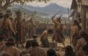 Masyarakat Minahasa menyaksikan pelaksanaan hukuman adat di sebuah negeri pada awal abad ke-18 (ilustrasi)