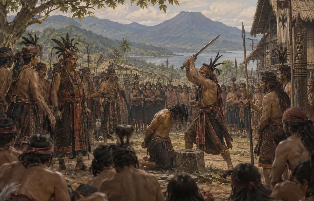 Masyarakat Minahasa menyaksikan pelaksanaan hukuman adat di sebuah negeri pada awal abad ke-18 (ilustrasi)