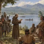 Fray Blas Palomino bersama rombongan Fransiskan dan serdadu Spanyol di tepi Danau Tondano, sekitar 1619.(Ilustrasi)