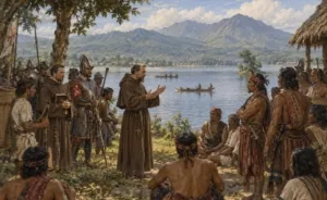 Fray Blas Palomino bersama rombongan Fransiskan dan serdadu Spanyol di tepi Danau Tondano, sekitar 1619.(Ilustrasi)