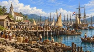 Ilustrasi suasana Pelabuhan Kema pada pertengahan abad ke-19, ketika kapal dagang dan perahu pribumi memadati dermaga.