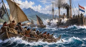 Ilustrasi pengejaran perompak oleh kapal uap pemerintah Hindia Belanda di perairan Sulawesi pada abad ke-19.
