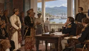 Ilustrasi pertemuan para pembesar Bolaang Mongondow dengan Residen Belanda di Menado pada Oktober 1856, ketika mereka membawa seorang pangeran dan meminta agar ia diangkat menggantikan Raja Jacobus Manuel Manoppo.