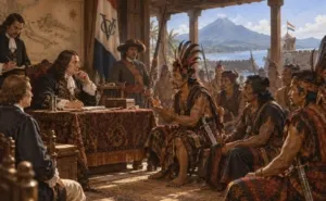 Para kepala negeri menghadap Robertus Padtbrugge di benteng Manado, membawa sengketa adat dan utang nyawa ke hadapan kekuasaan Kompeni, 1677. (Ilustrasi)