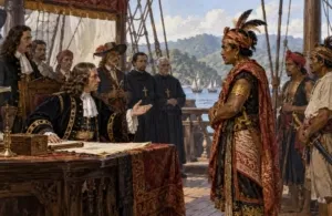 Pertemuan Presiden Maluku Cornelis Francx dan Raja Siau pada awal 1673 (ilustrasi)