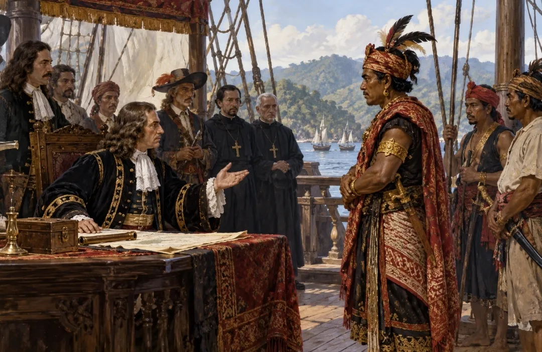 Pertemuan Presiden Maluku Cornelis Francx dan Raja Siau pada awal 1673 (ilustrasi)