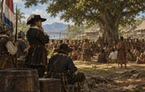 Robertus Padtbrugge dan pasukan VOC menunggu di tengah rapat para pemimpin Minahasa, 1679. (ilustrasi)