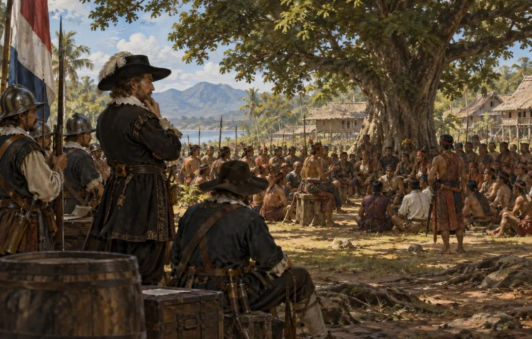 Robertus Padtbrugge dan pasukan VOC menunggu di tengah rapat para pemimpin Minahasa, 1679. (ilustrasi)