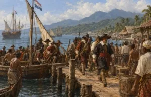 Pasukan VOC dari Ternate tiba di dermaga Manado pada abad ke-17, membawa serdadu, persenjataan, dan perlengkapan ekspedisi menuju danau Tondano. (Ilustrasi)