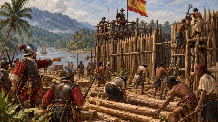 Garnisun Spanyol dan warga lokal membangun kubu berpagar kayu di pesisir Bolaang pada abad ke-17.(ilustrasi)