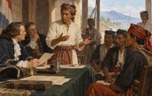 Ilustrasi artistik seorang juru bahasa di loji Kompeni, Manado, tahun 1719.