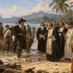 Penyambutan Gubernur Robertus Padtbrugge di pantai Manado pada Hari Natal 1678.(ilustrasi)