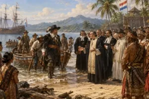 Penyambutan Gubernur Robertus Padtbrugge di pantai Manado pada Hari Natal 1678.(ilustrasi)