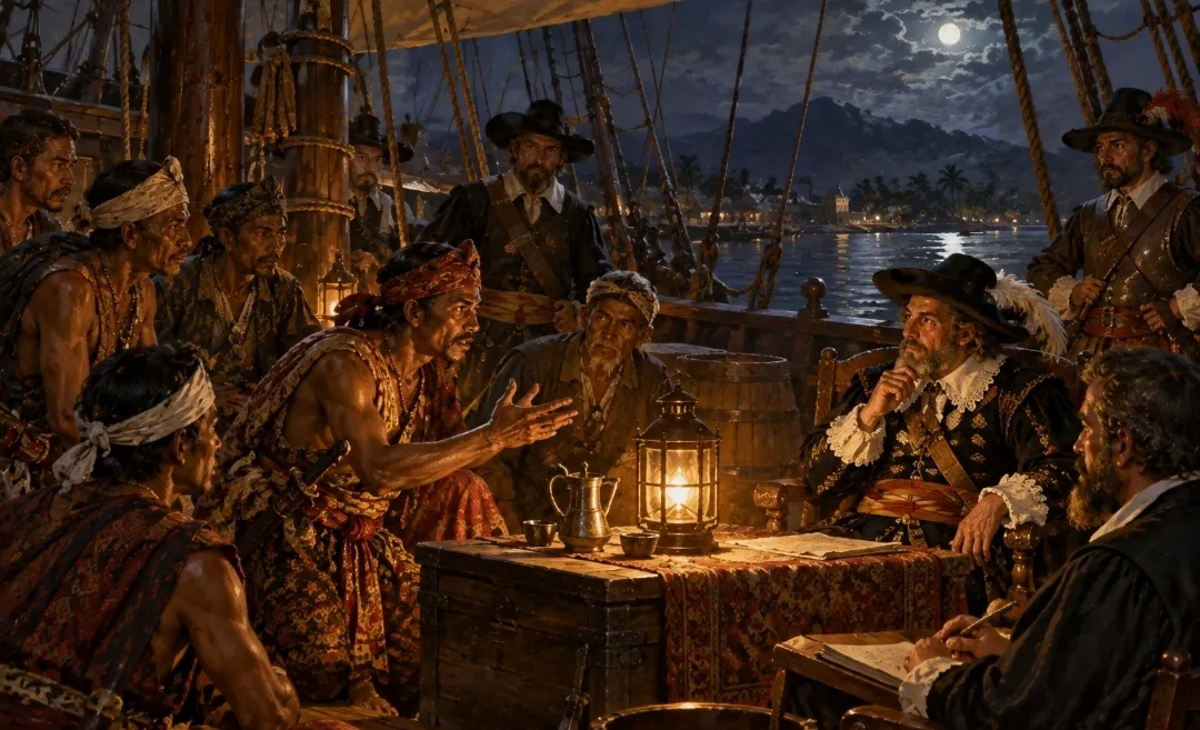 Para kepala negeri menyampaikan pengaduan kepada Gubernur Robertus Padtbrugge di atas kapal Eendraght pada malam hari, akhir Desember 1678.(ilustrasi)