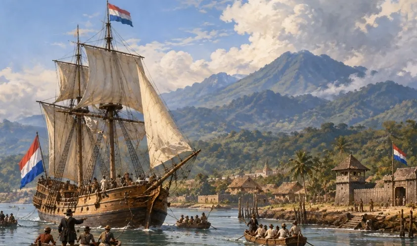 Kapal Eendraght memasuki muara sungai di Manado pada 27 Desember 1678.(ilustrasi)