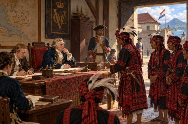 Sidang di Loji Kompeni dalam Benteng Amsterdam, Manado, sekitar 1727.(ilustrasi)