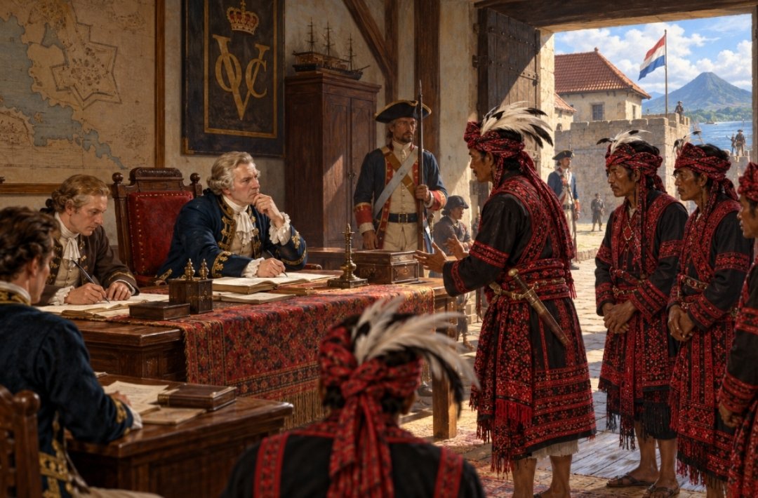Sidang di Loji Kompeni dalam Benteng Amsterdam, Manado, sekitar 1727.(ilustrasi)