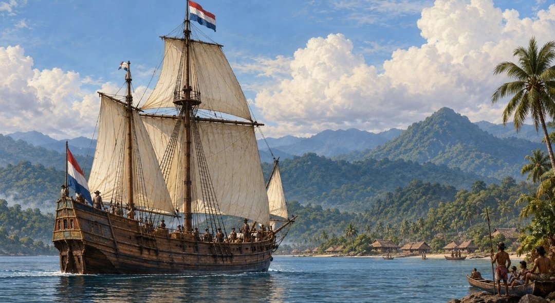 Kapal dagang Belanda jenis fluit berlayar di perairan Teluk Amurang pada abad ke-17.(ilustrasi)
